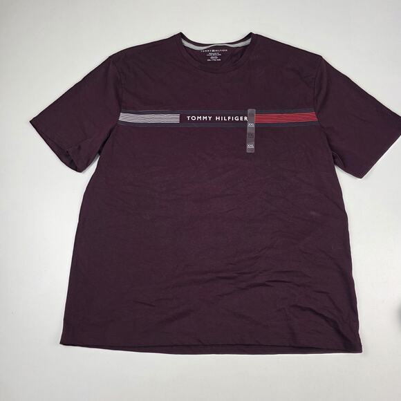 Tommy Hilfiger Shirt Mens 2XL Burgundy Regular Fit Stripe Logo Crewneck Tee - Picture 1 of 10